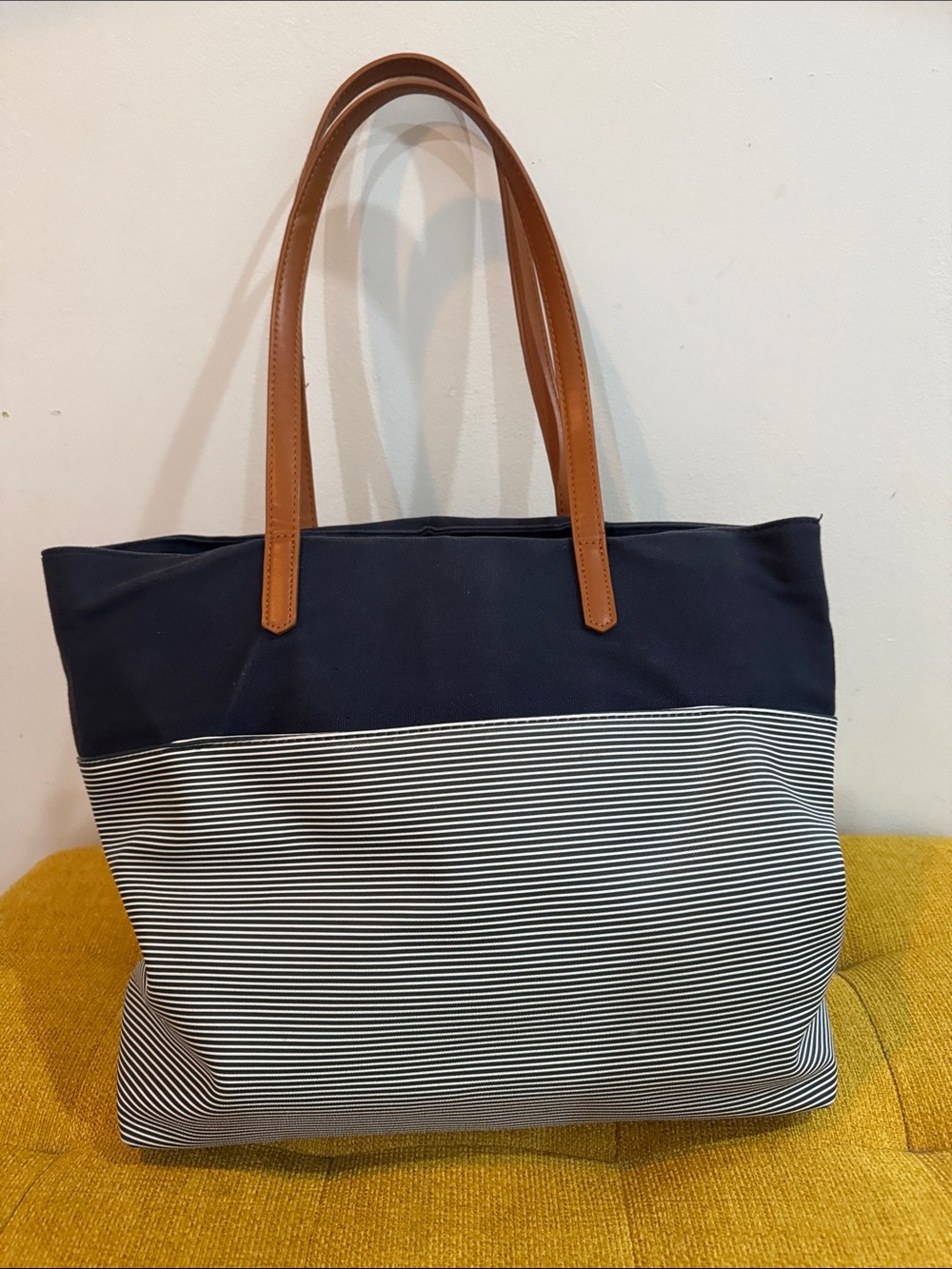Mystique Boutique Navy, White & Tan Striped Tote